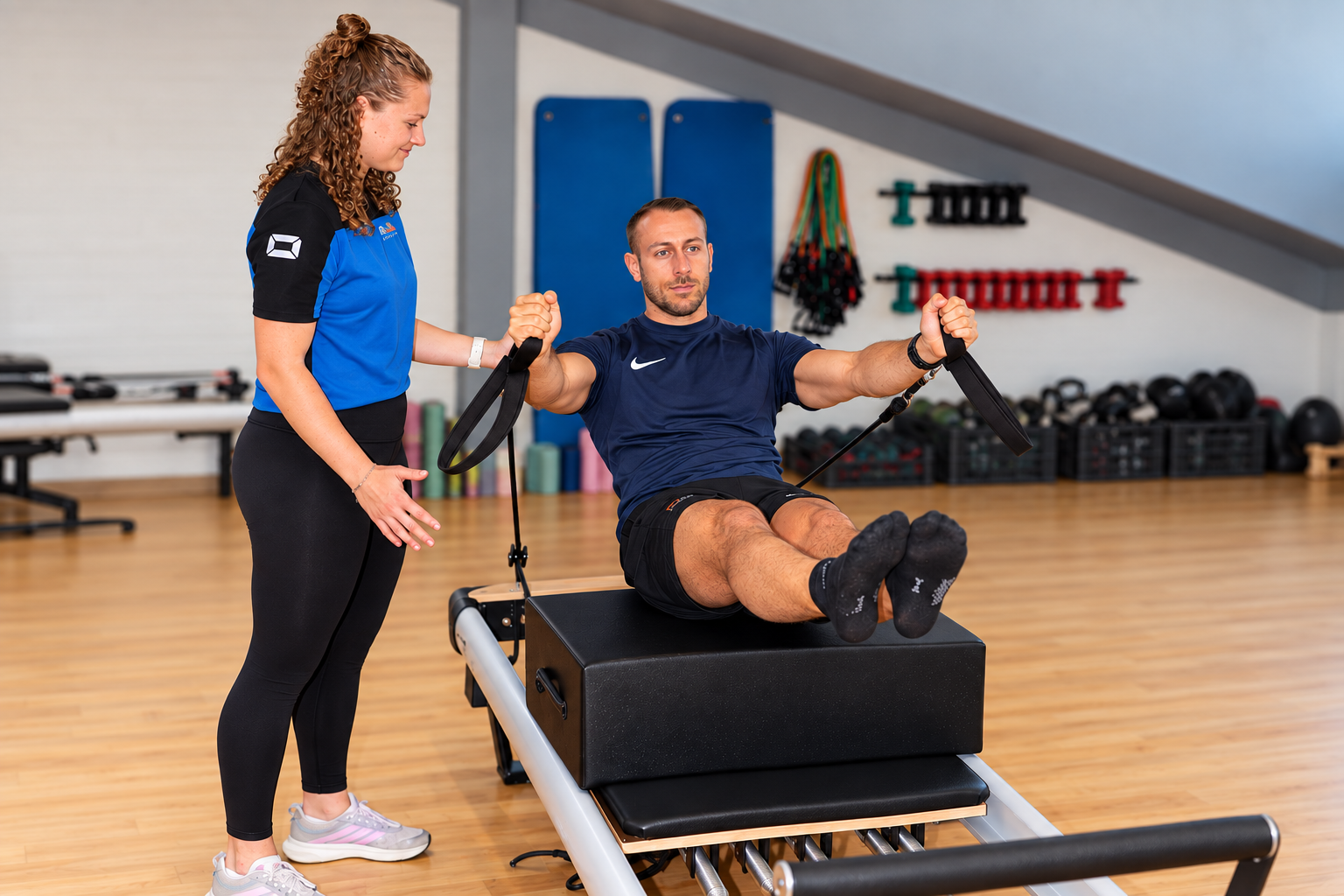 Instructrice begeleidt een sporter tijdens Reformer Pilates bij Fitland Gemert